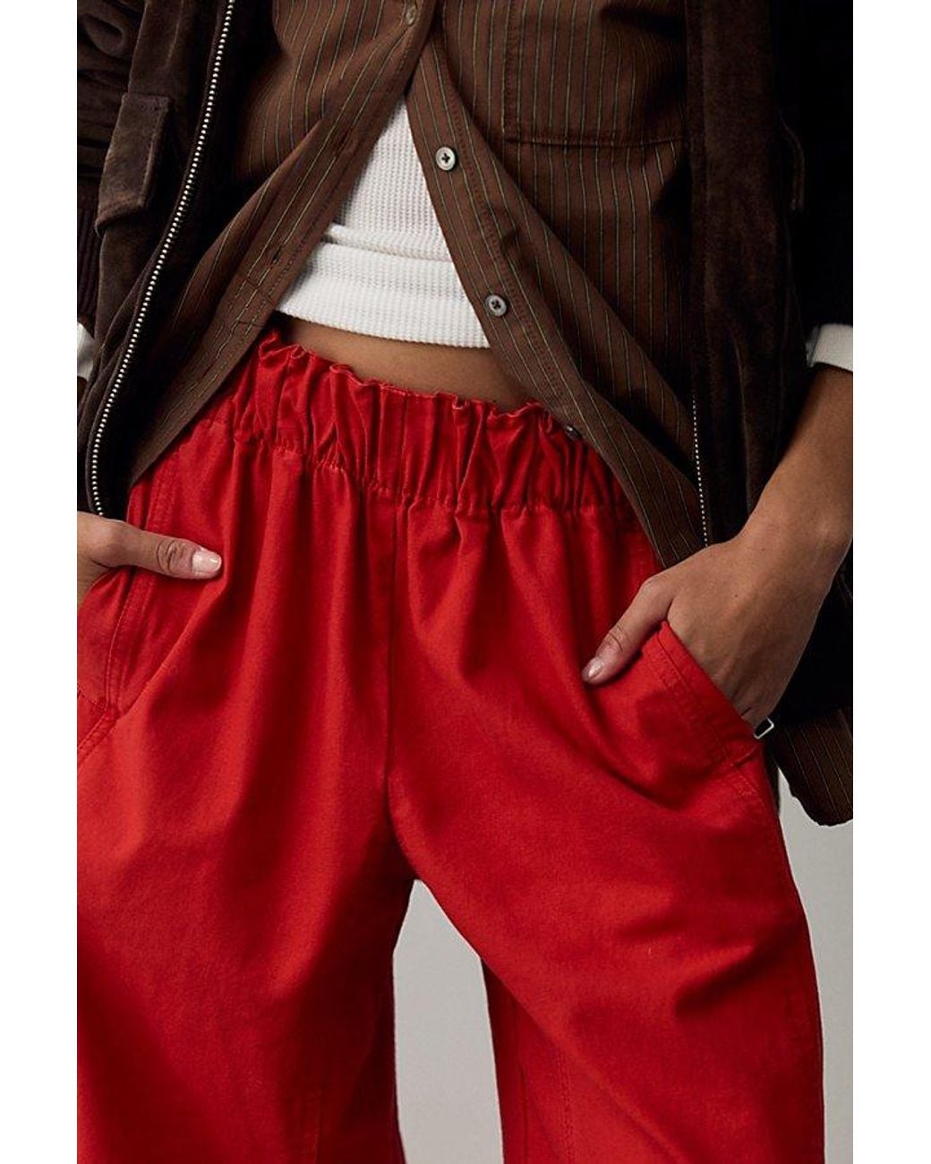 Free People Red Day's End Linen Pull-On Pants