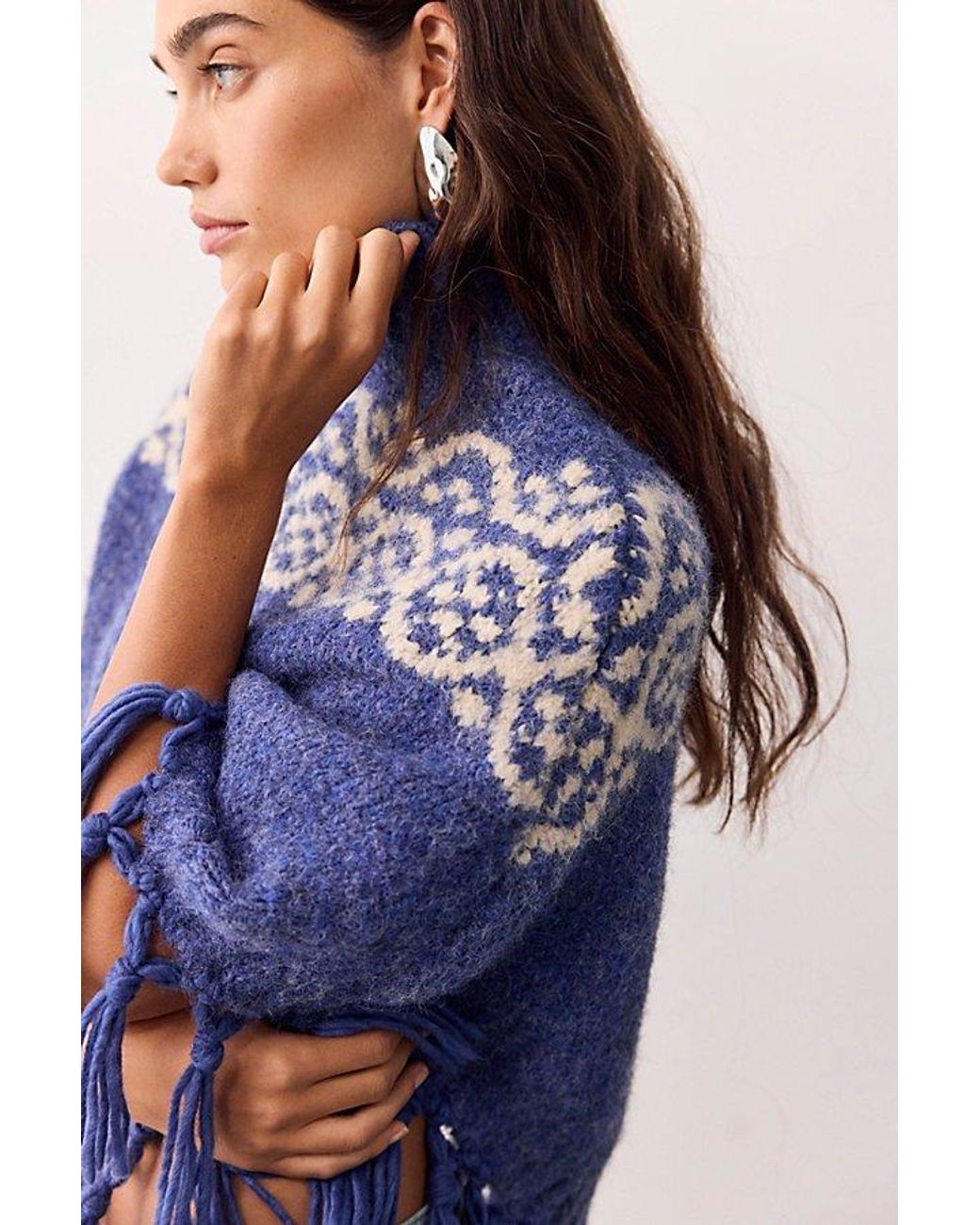 Free People Blue Emma Printed Poncho Jacket