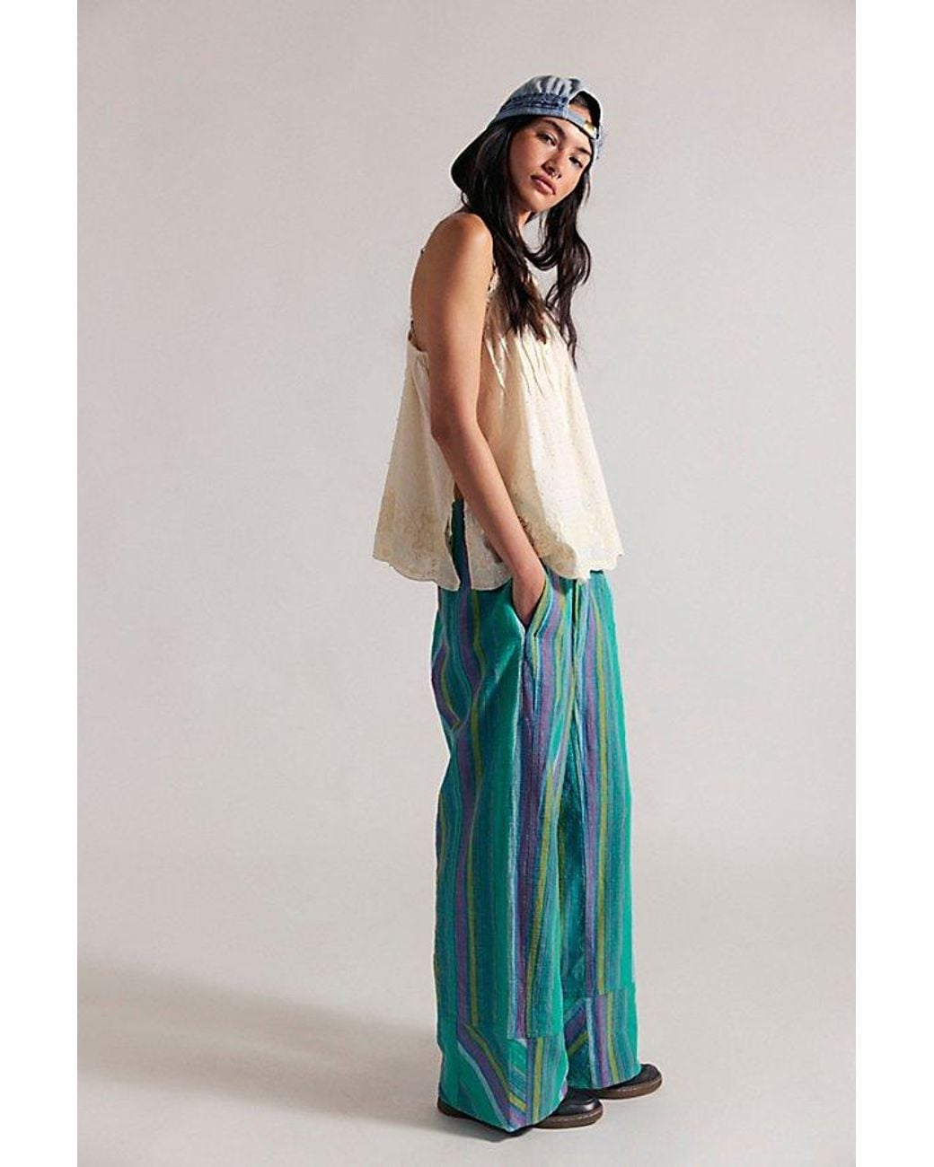 Free People Blue Day's End Linen Striped Pull-On Pants