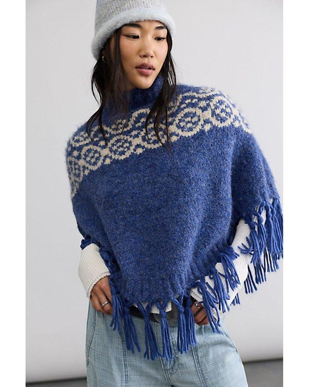 Free People Blue Emma Printed Poncho Jacket
