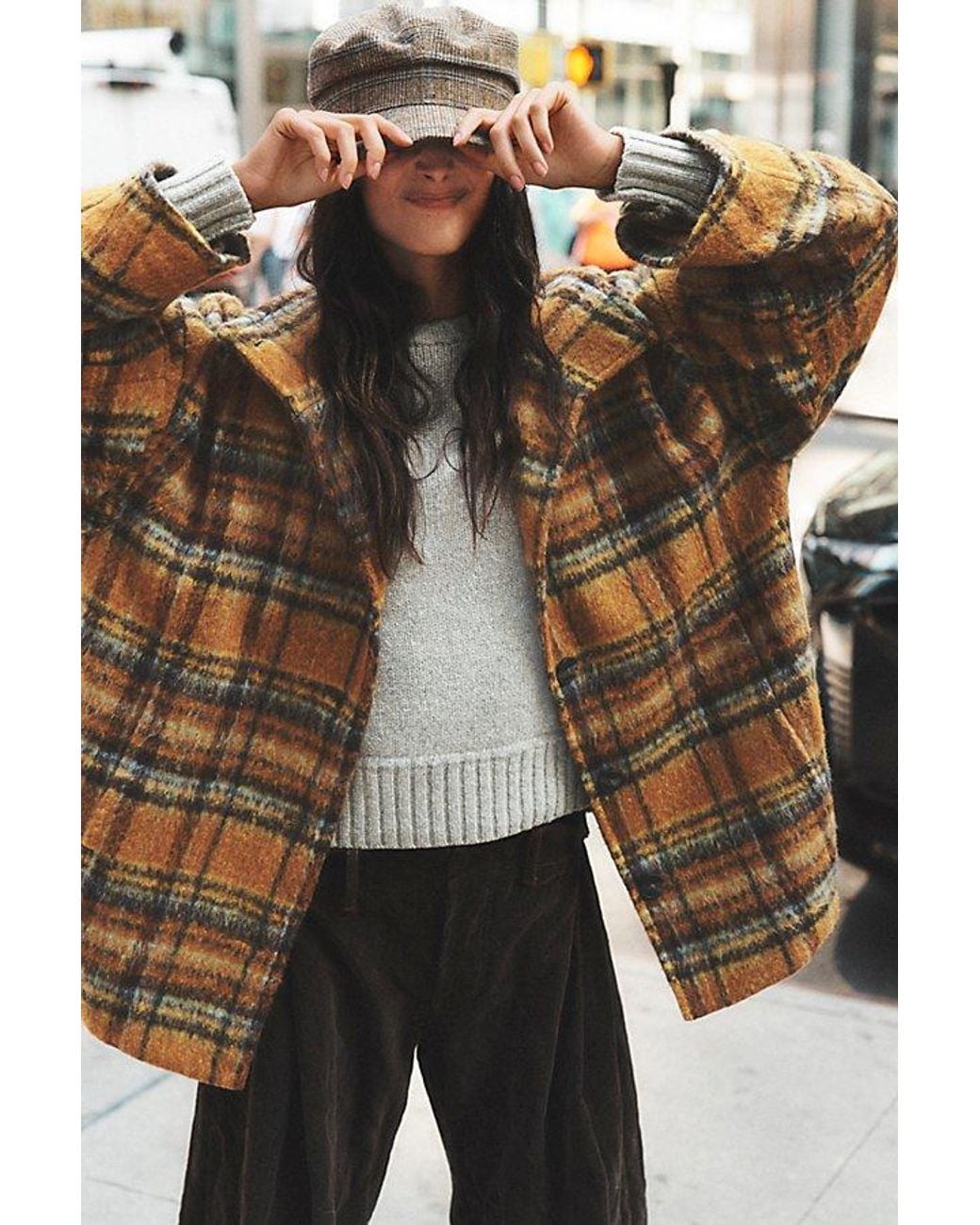 Free People Yellow Beau Plaid Cocoon Coat Jacket