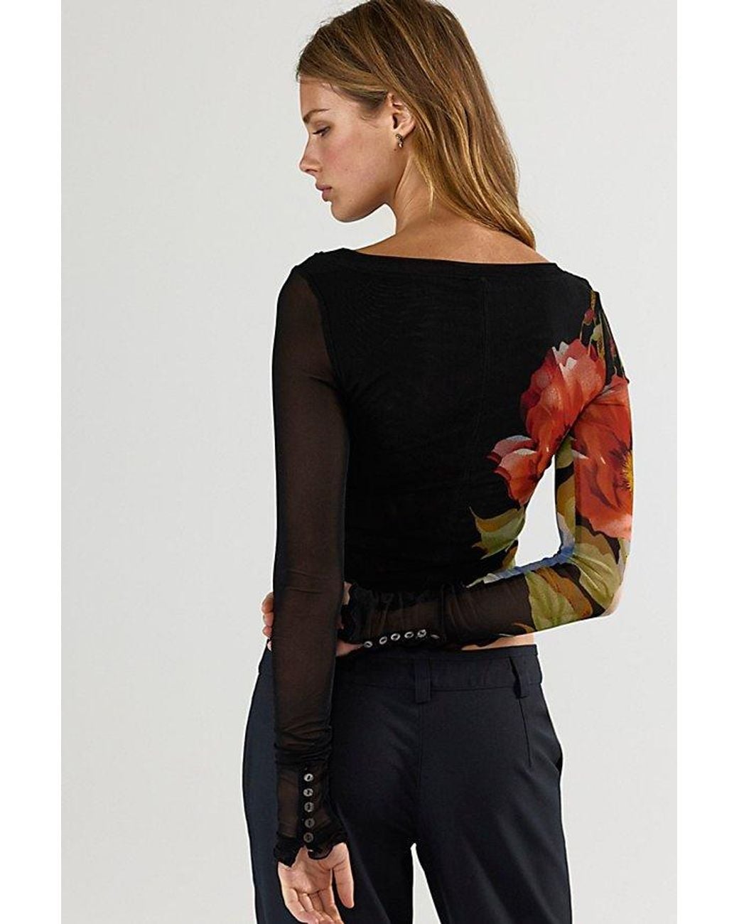Free People Black Lilly Printed Boat Neck Long Sleeve Top