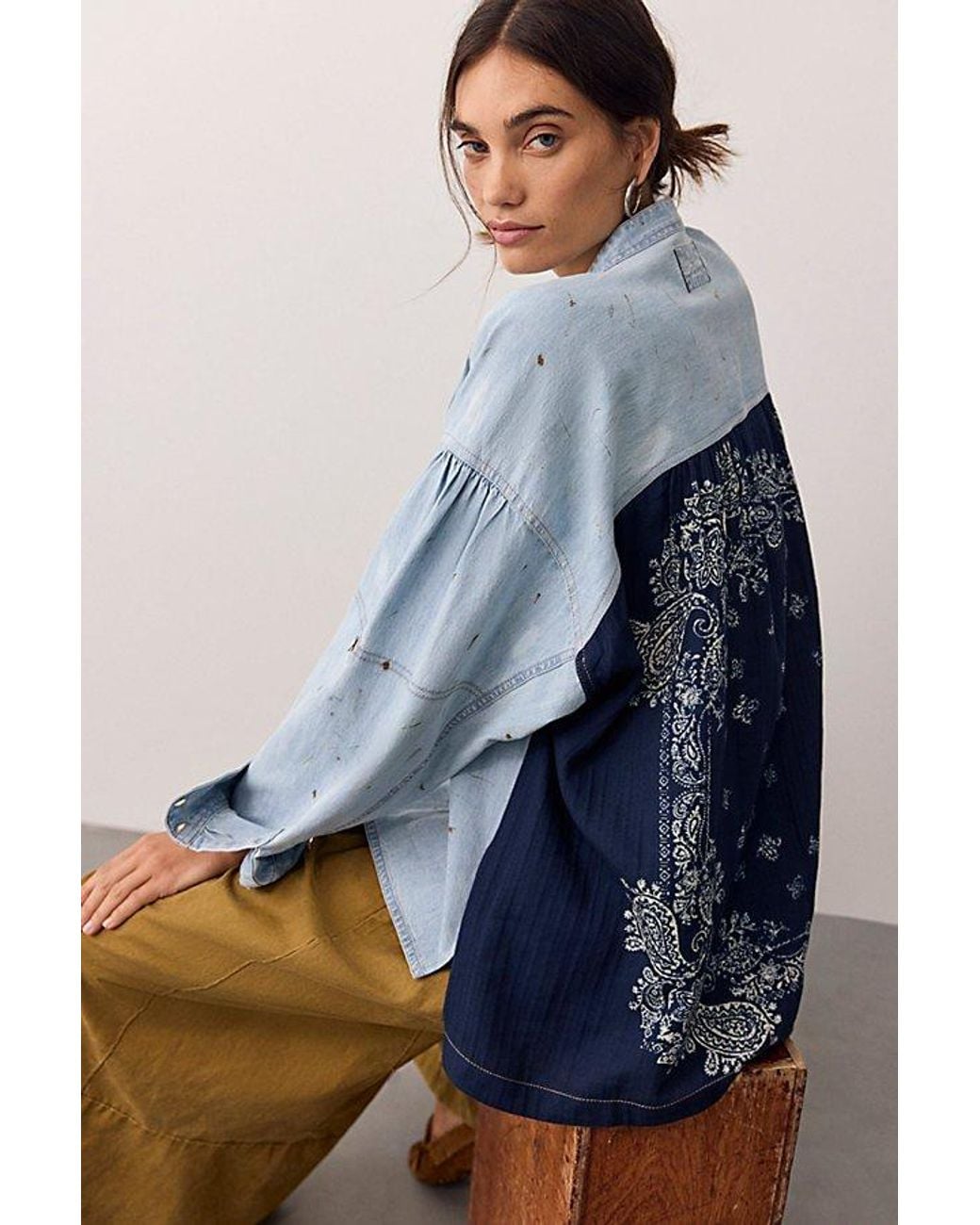 Free People Blue Reverie Patchwork Shirt