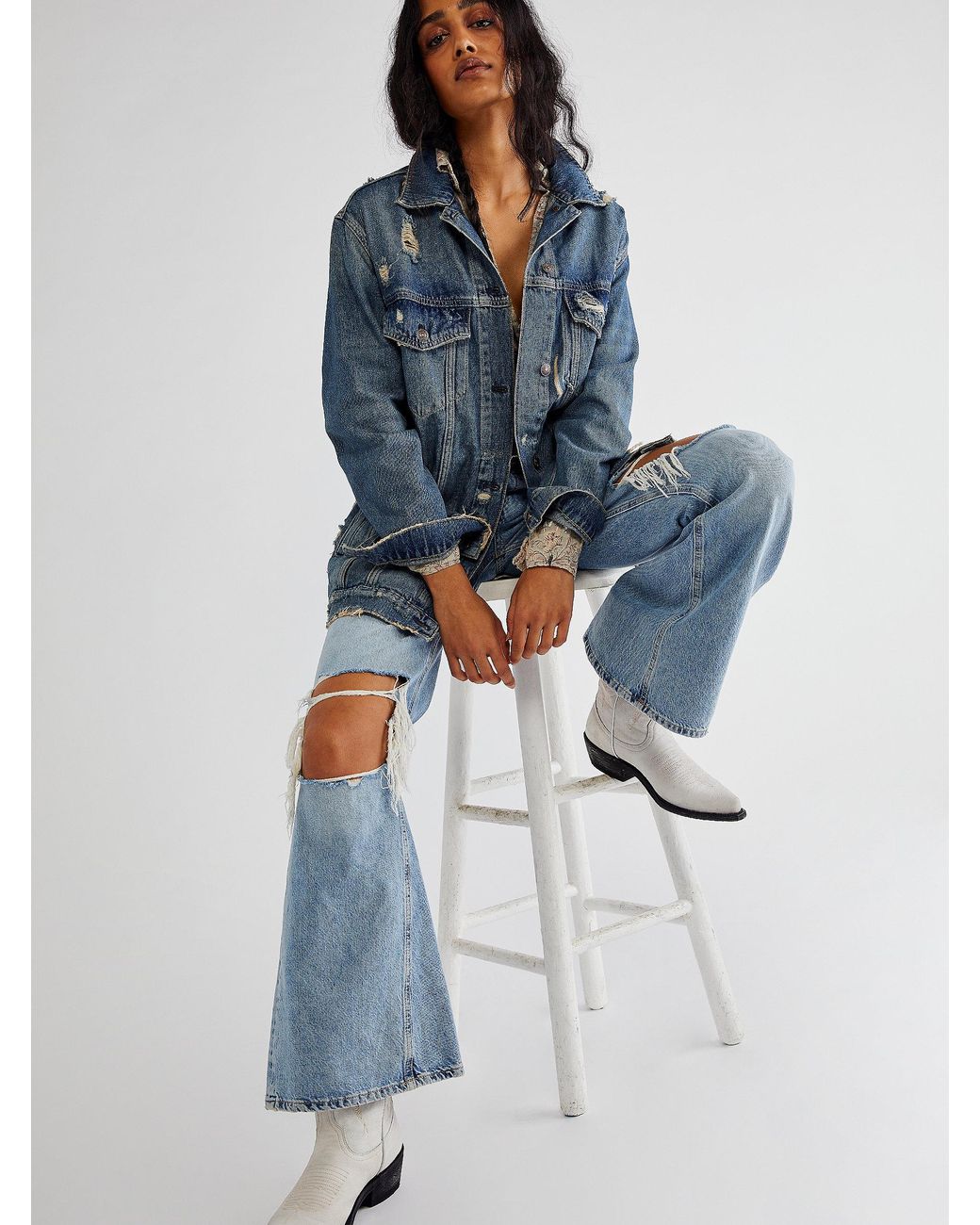 Free People Destroyed Long Lean Trucker Jacket in Blue Lyst