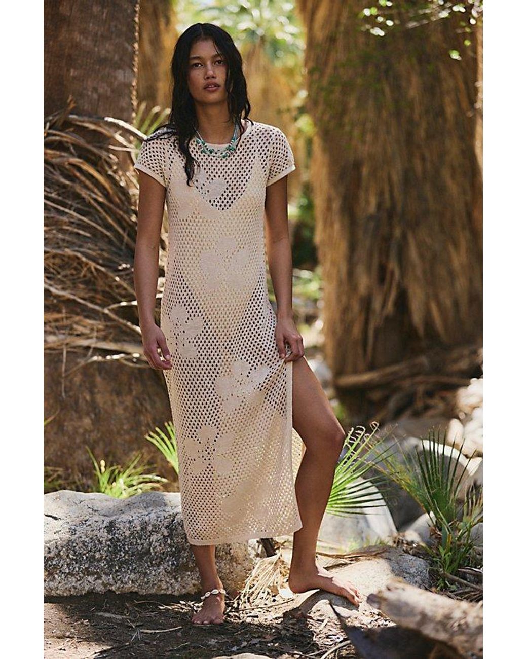 free-est Green Aloha Cotton-Linen Midi Dress By