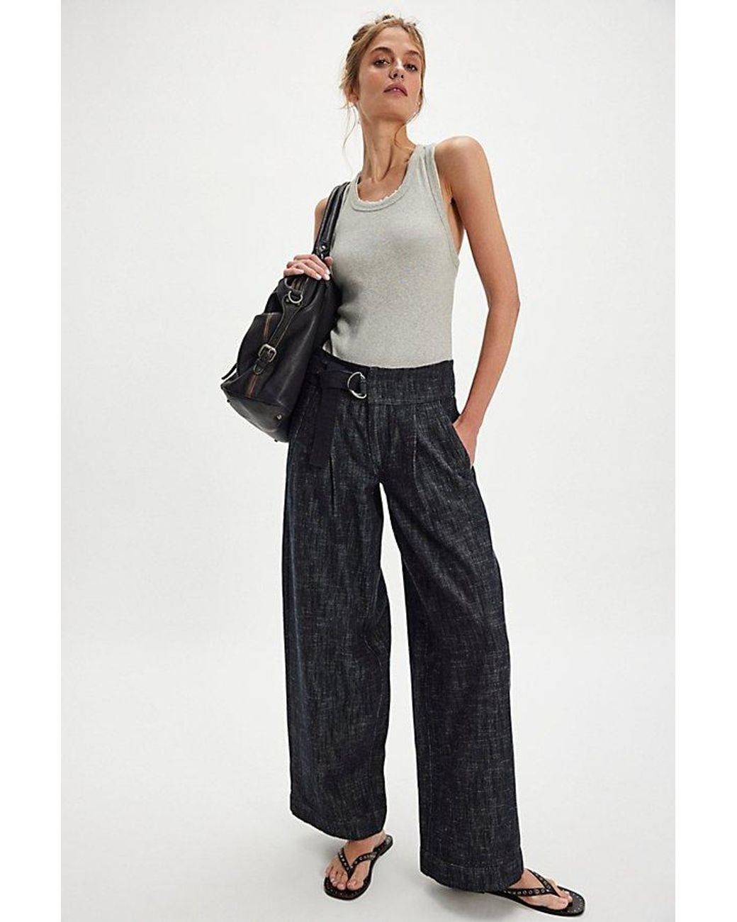 Free People Blue Ainsley Belted Wide-Leg Trousers