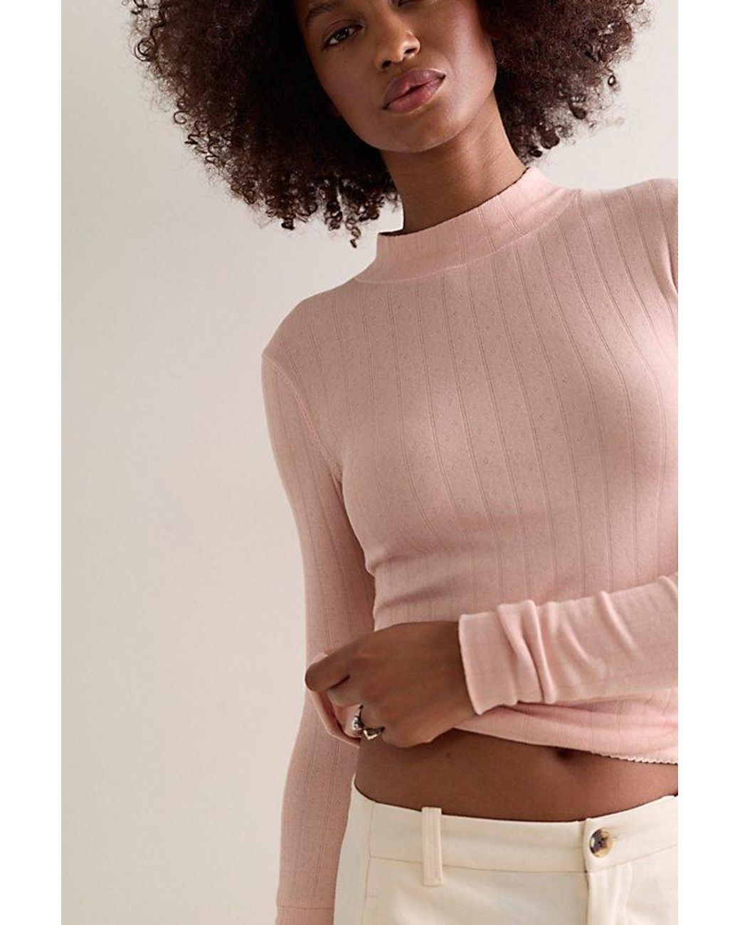 Intimately By Free People Pink End Game Pointelle Mock Neck Long Sleeve By