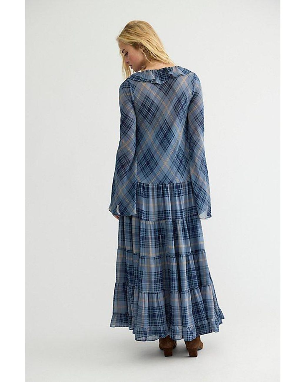 Free People Blue Plaid Petal Maxi Dress