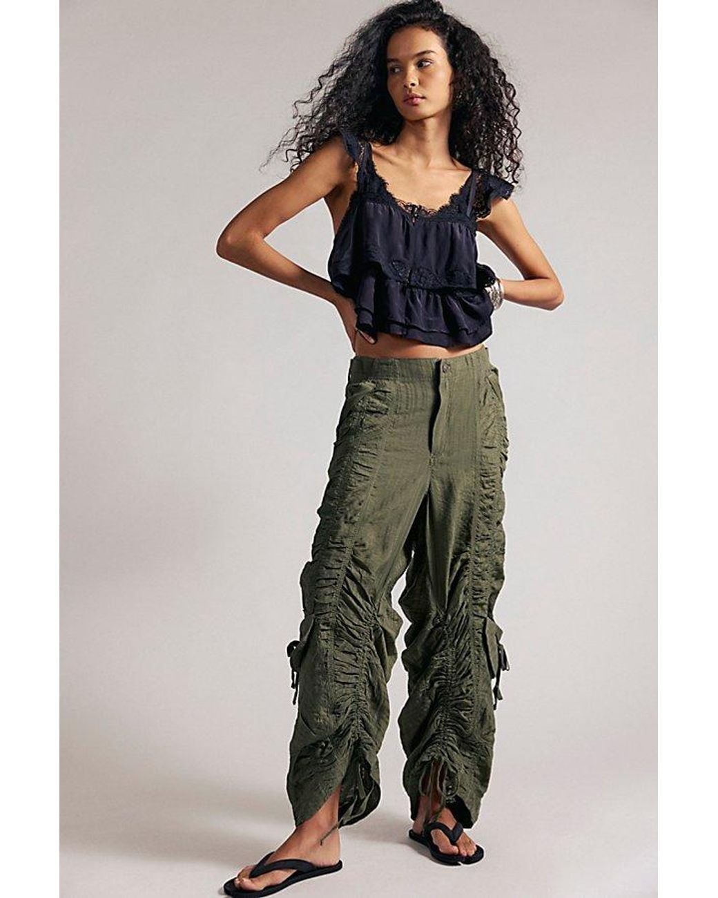 Free People Green Scorpio Shirred Mid-Rise Cargo Trousers By