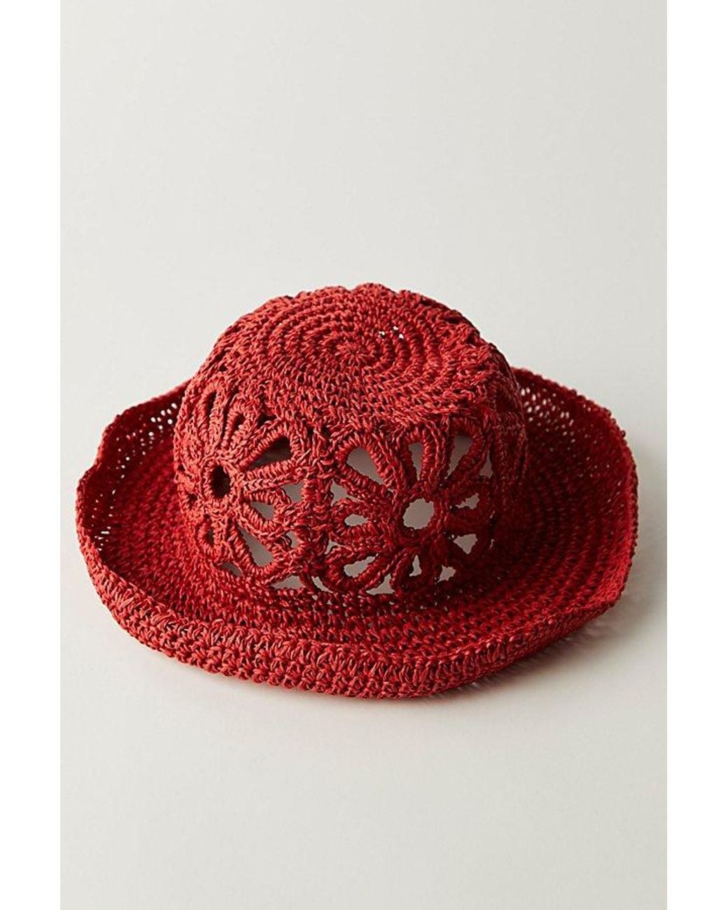 Free People Red Cut-Out Daisy Crochet Straw Bucket Hat