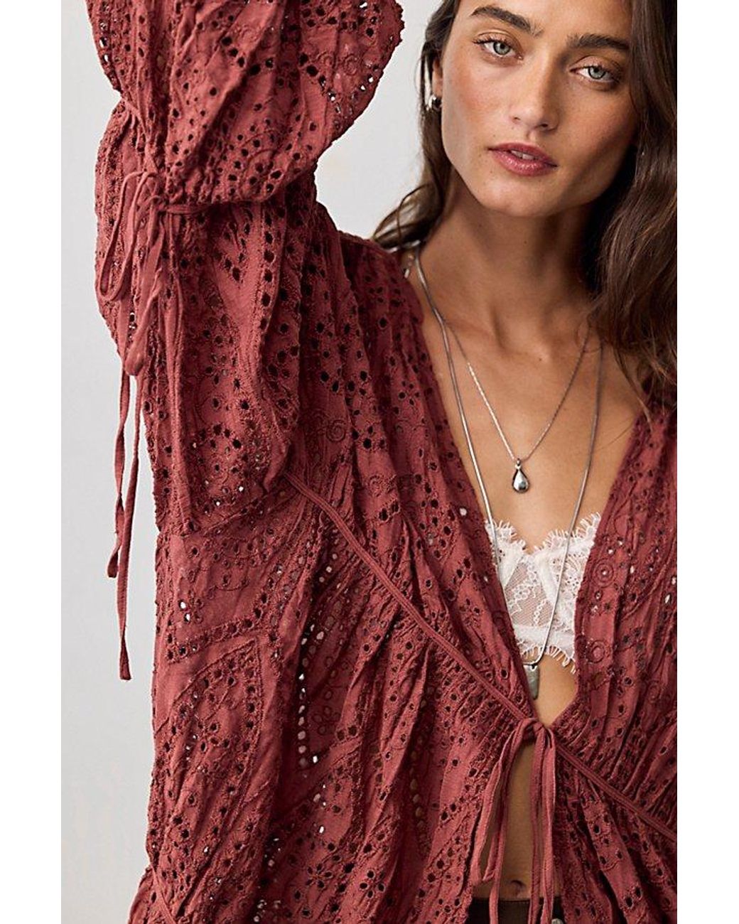 Free People Red Juliet Cutwork Duster Jacket