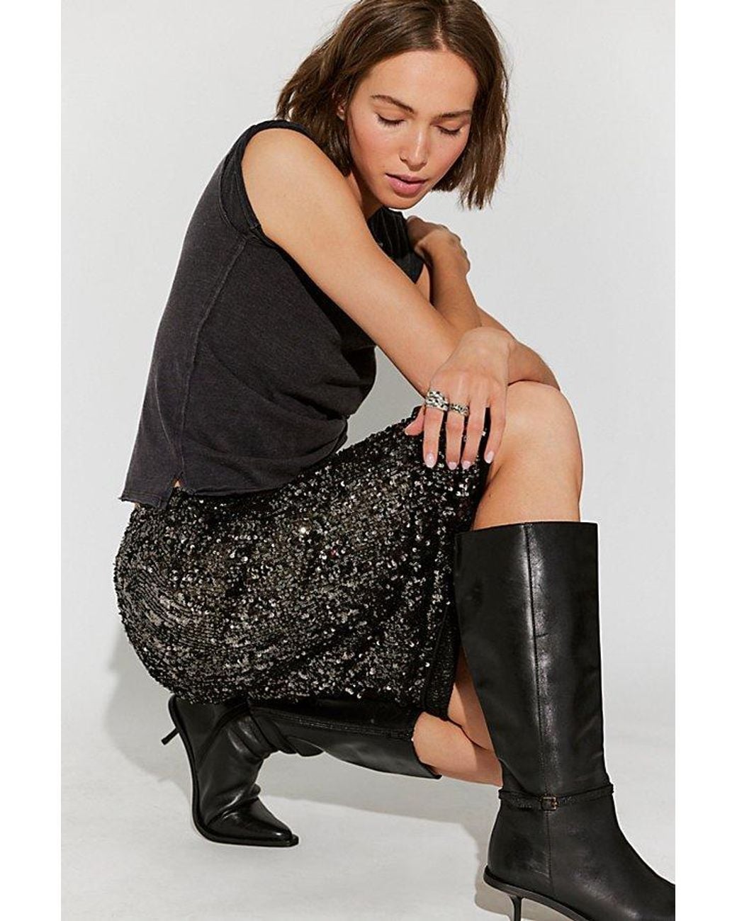 Intimately By Free People Black Party Trick Sequin Midi Slip Skirt