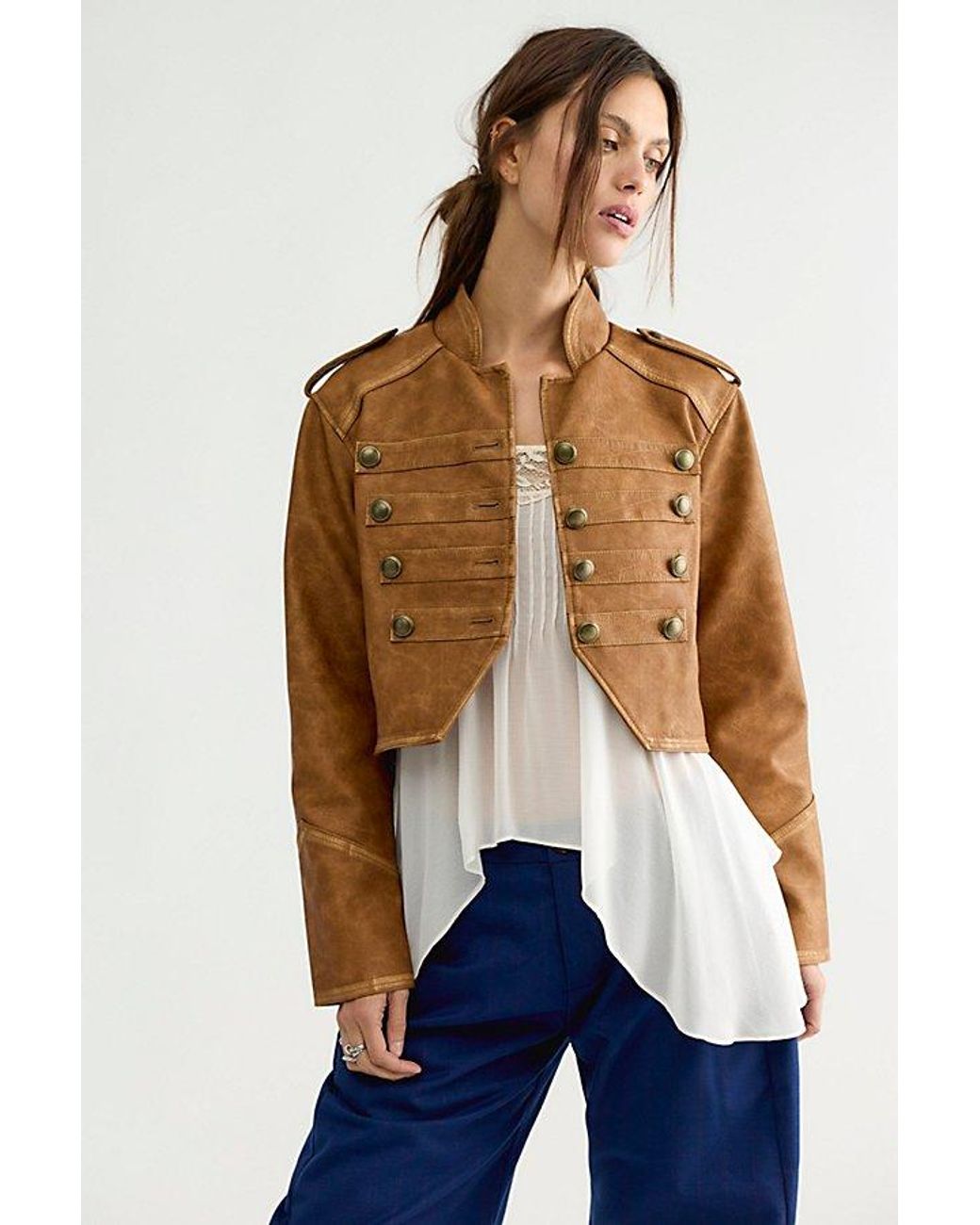 Free People Brown Ryland Vegan Leather Band Jacket