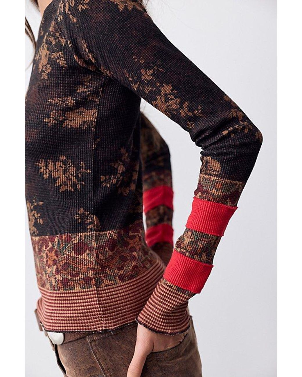 Free People Red Easy Does It Printed Long Sleeve Tee