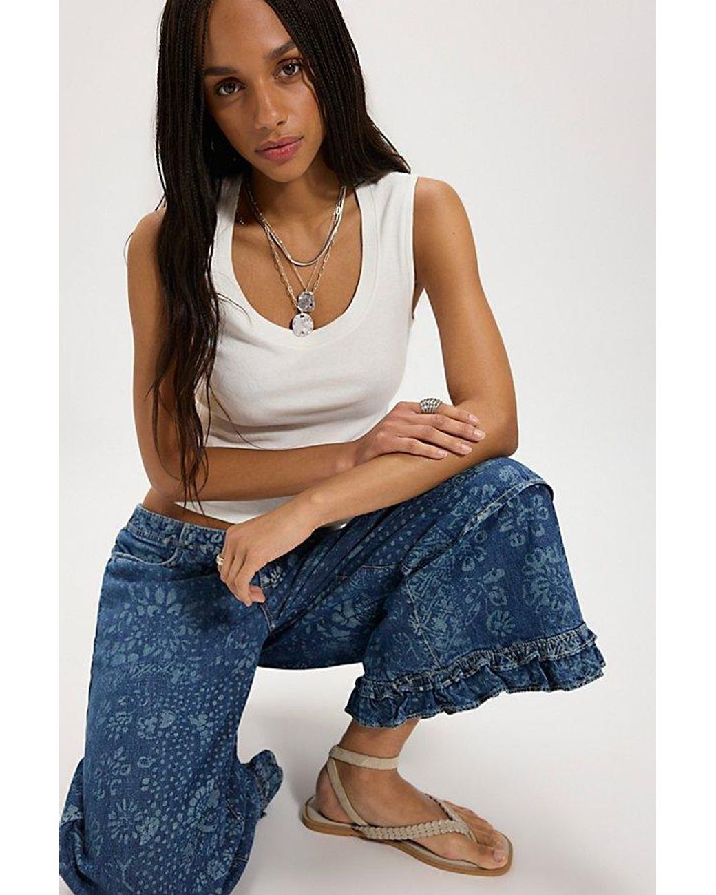 Free People Blue Love Me Not Printed Bloomer Jeans