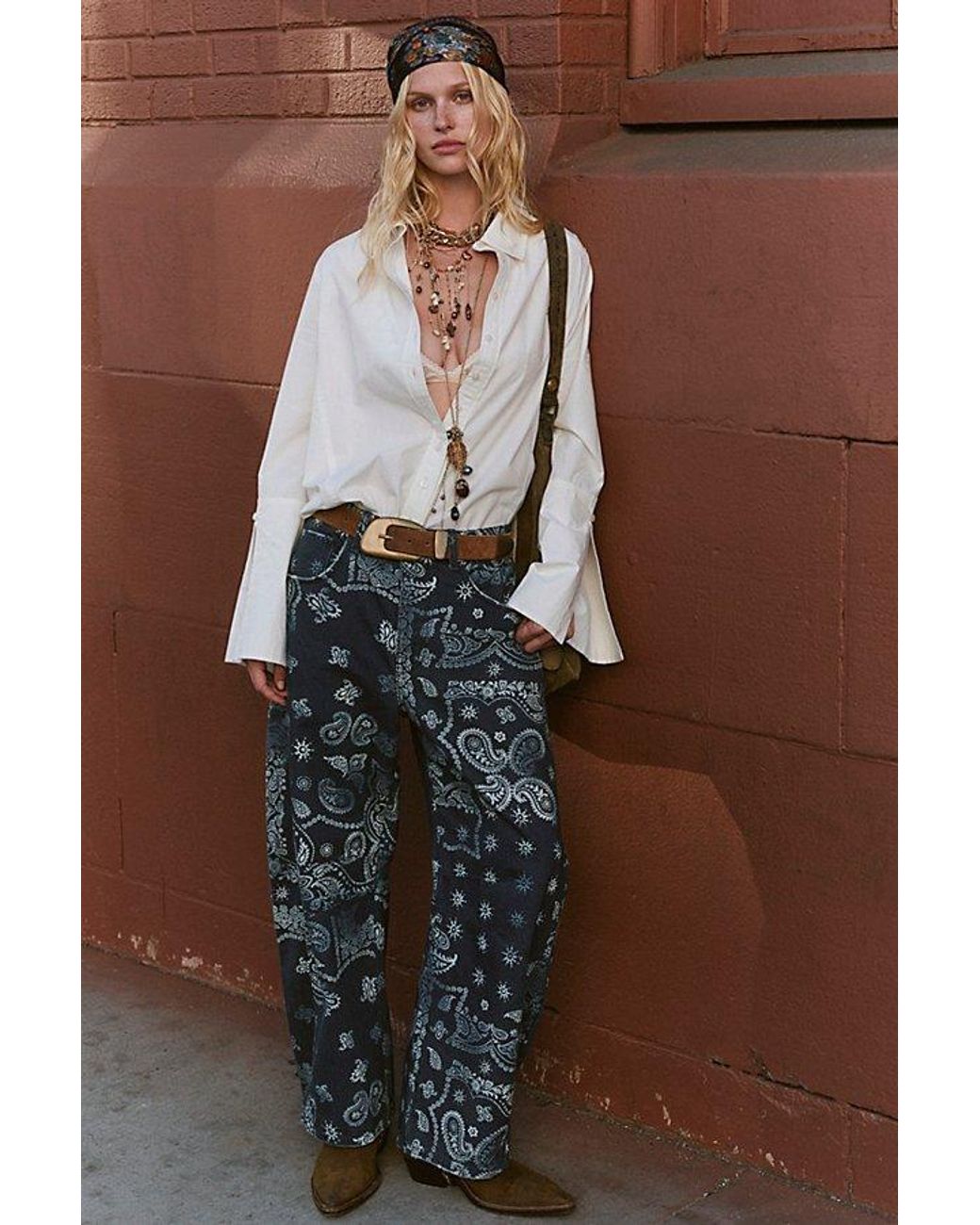 Free People Gray Good Luck Printed Barrel Jeans