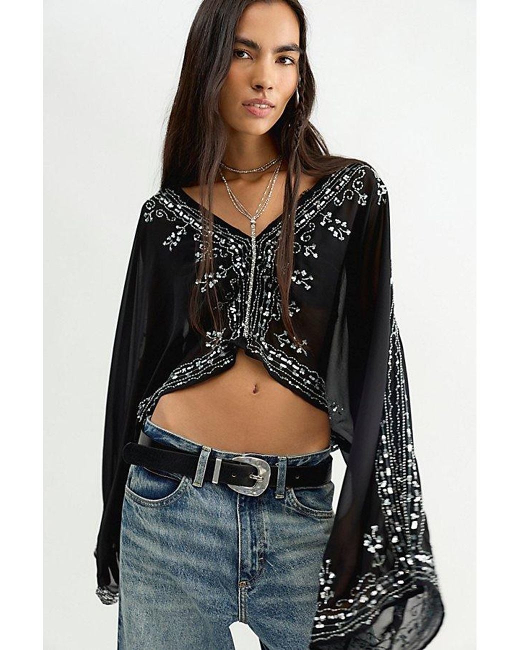 Free People Black Calla Embellished Cape Top