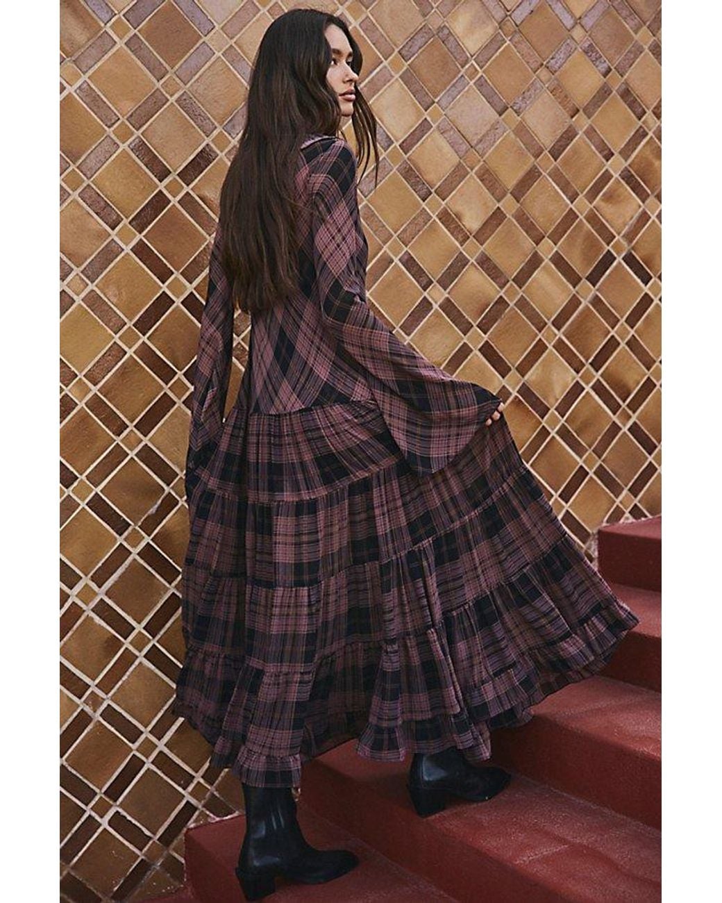 Free People Brown Plaid Petal Maxi Dress