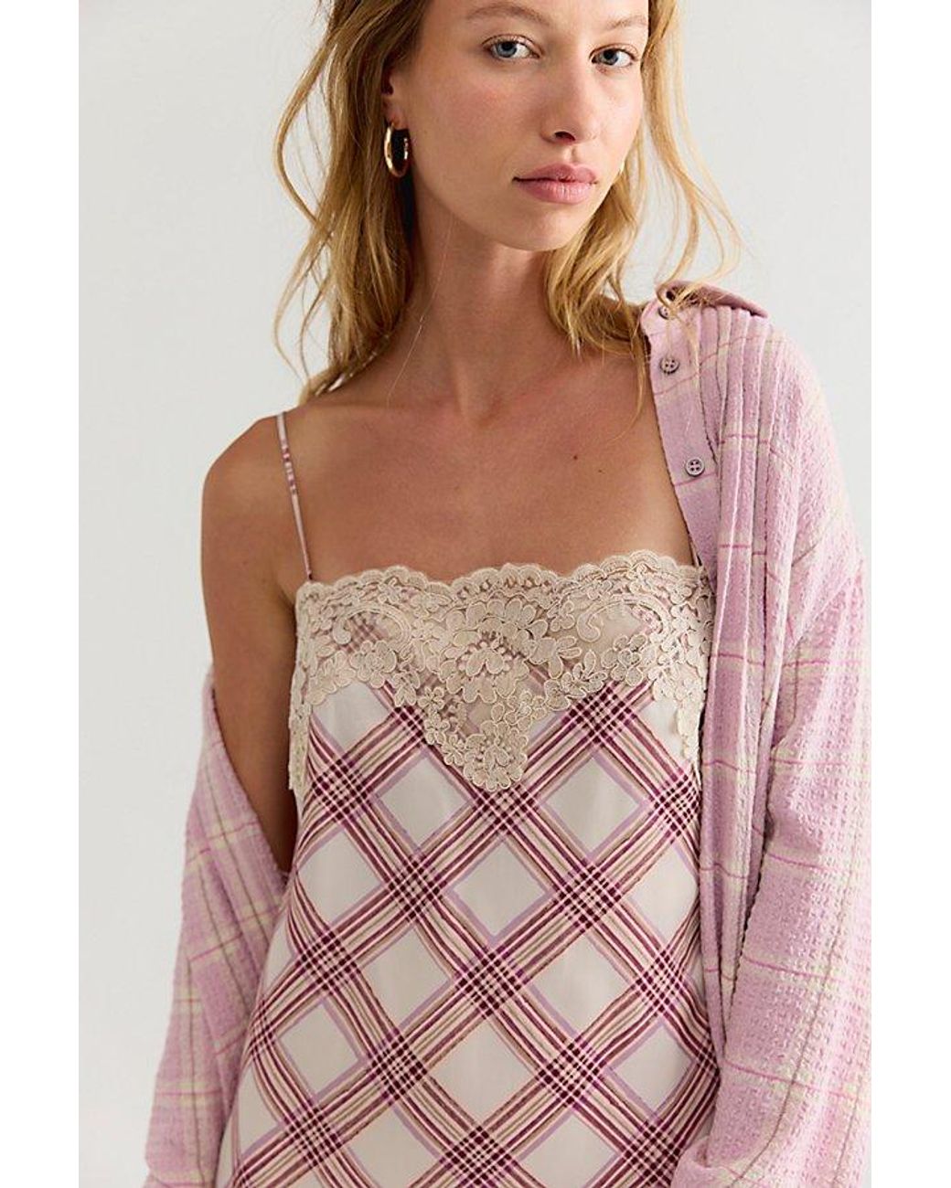 Free People Pink Canal Street Plaid Slip Dress Set