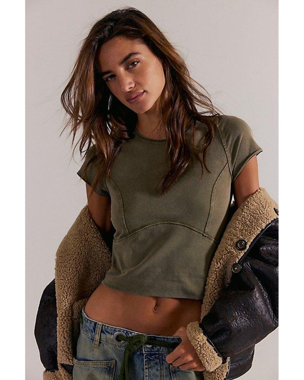 Free People Brown Protagonist Cropped Cap Sleeve Tee