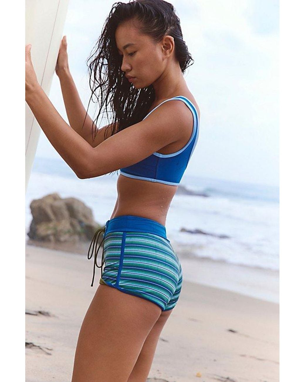 Noserider Blue Retro Striped Surf Shorts