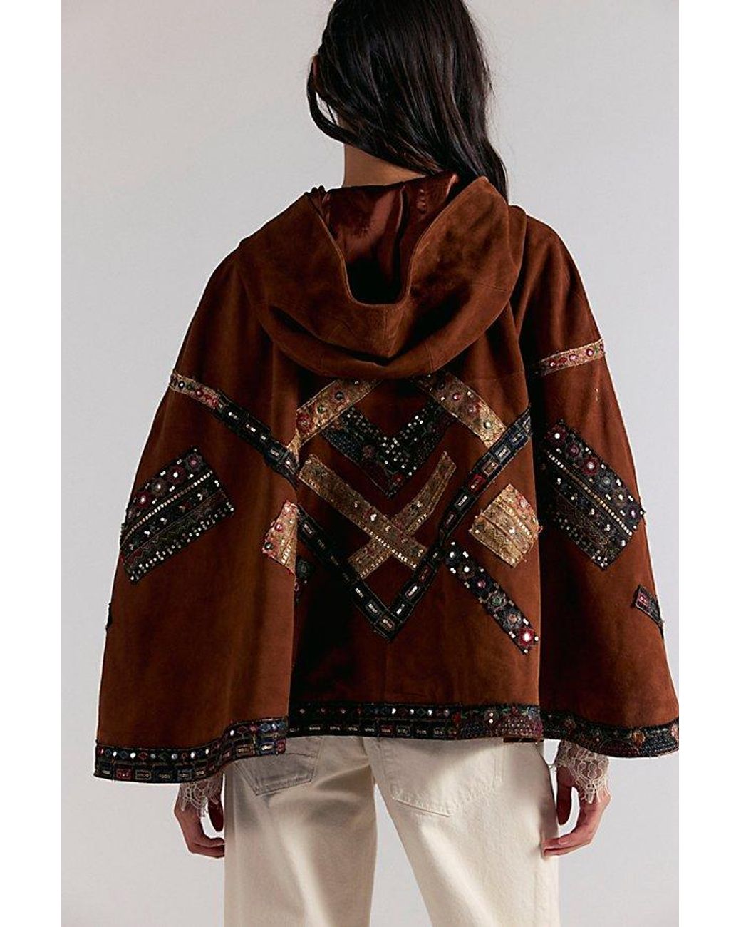 Free People Brown Nigel Preston Suede Embroidered Cape Top