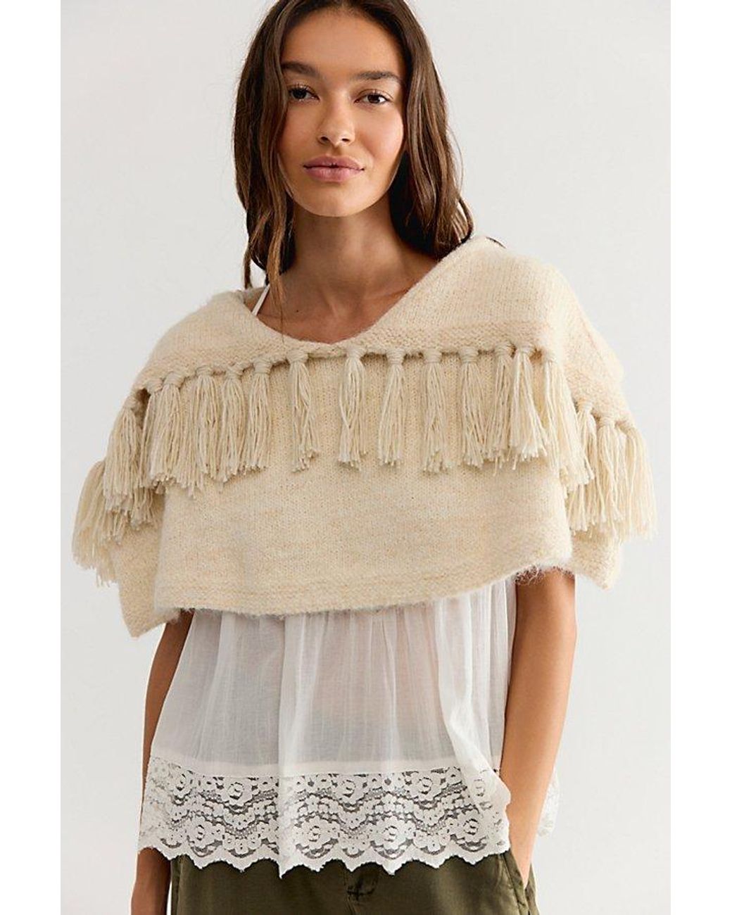 Free People White Cabin Fever Fringe Capelet