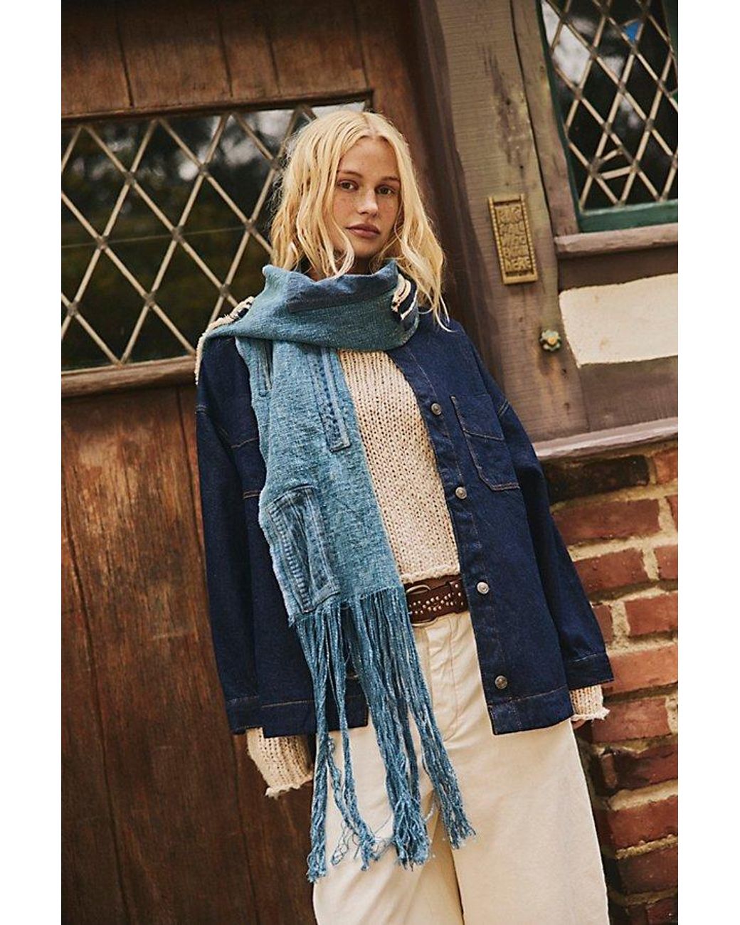 Free People Blue Patchwork Denim Scarf