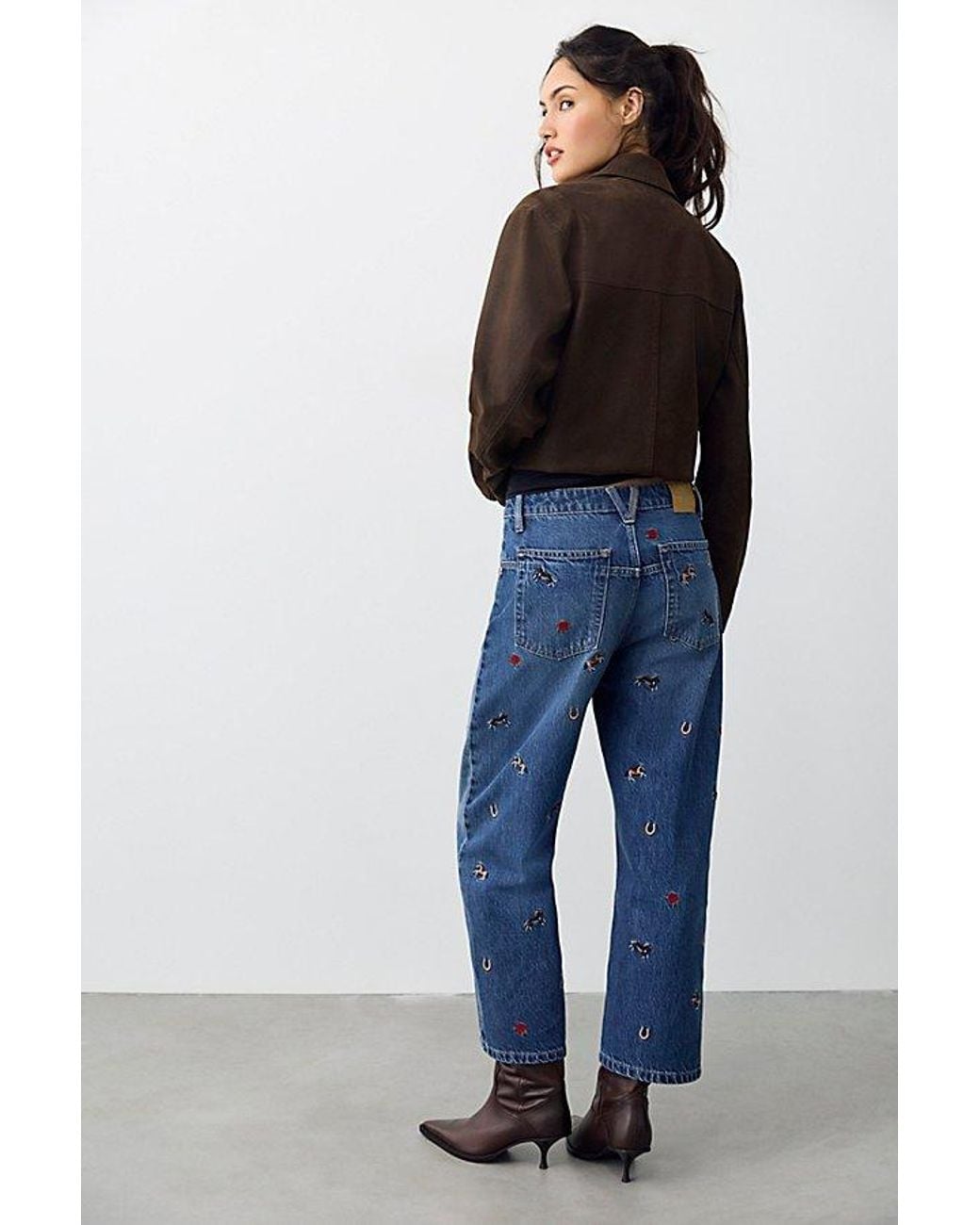 Free People Blue Deep Trance Embroidered Dropped Boyfriend Jeans