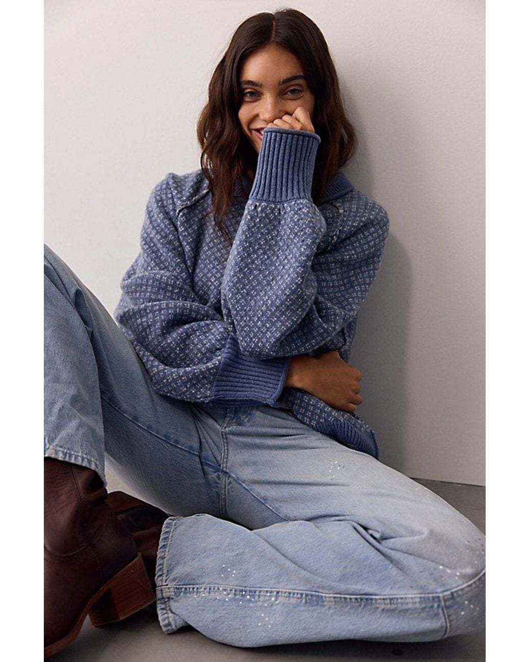 Free People Blue As If Crew Neck Pullover