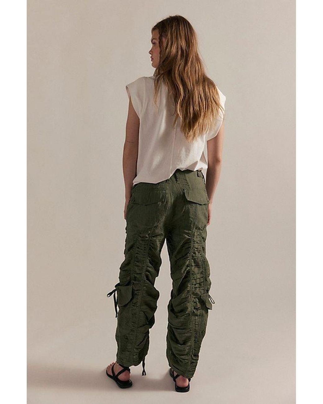 Free People Green Scorpio Shirred Mid-Rise Cargo Trousers By