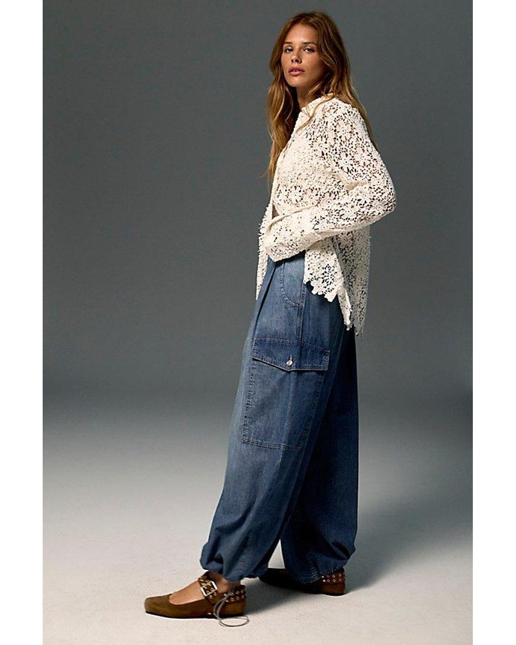 Free People Blue Wild Winds Cinched Wide-Leg Jeans