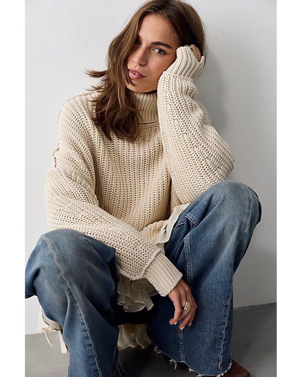 Free People White Worn Thru Turtleneck Sweater