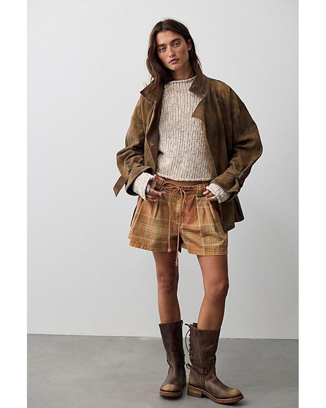 Free People Brown We The Free Julien Plaid Chino Shorts