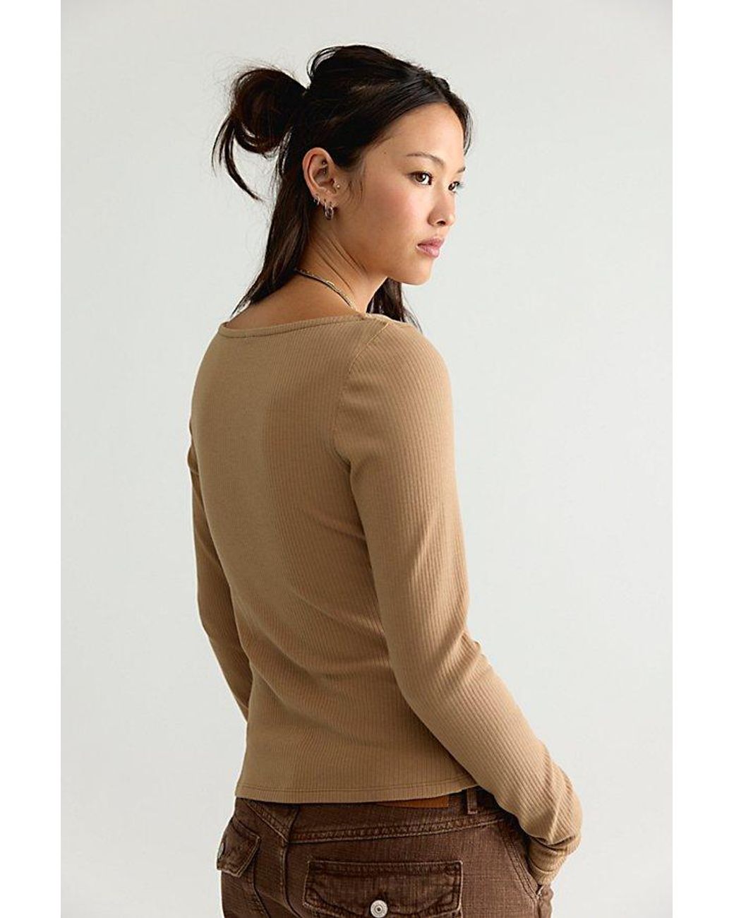 Free People Brown Over You Asymmetric Long Sleeve Top