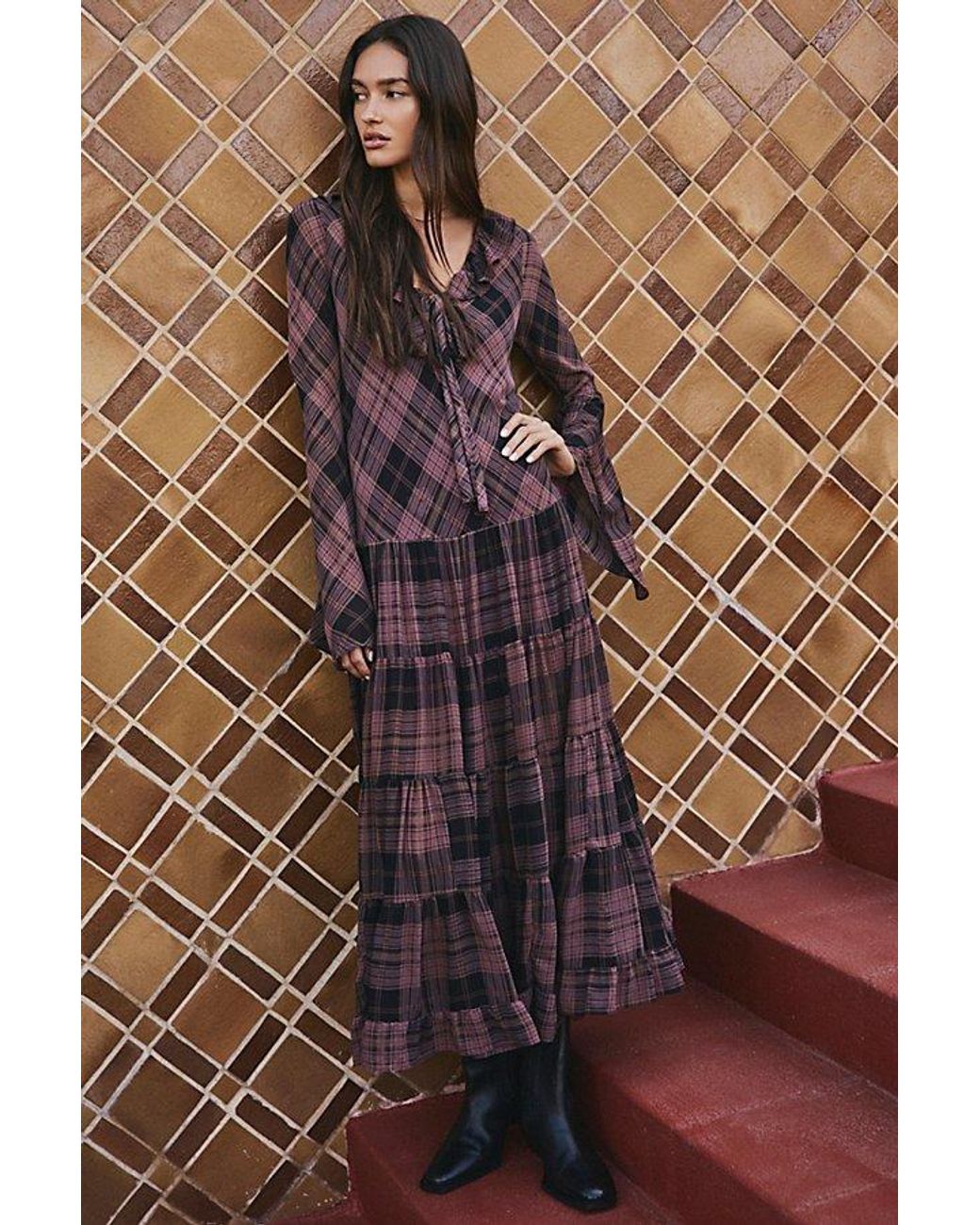 Free People Brown Plaid Petal Maxi Dress