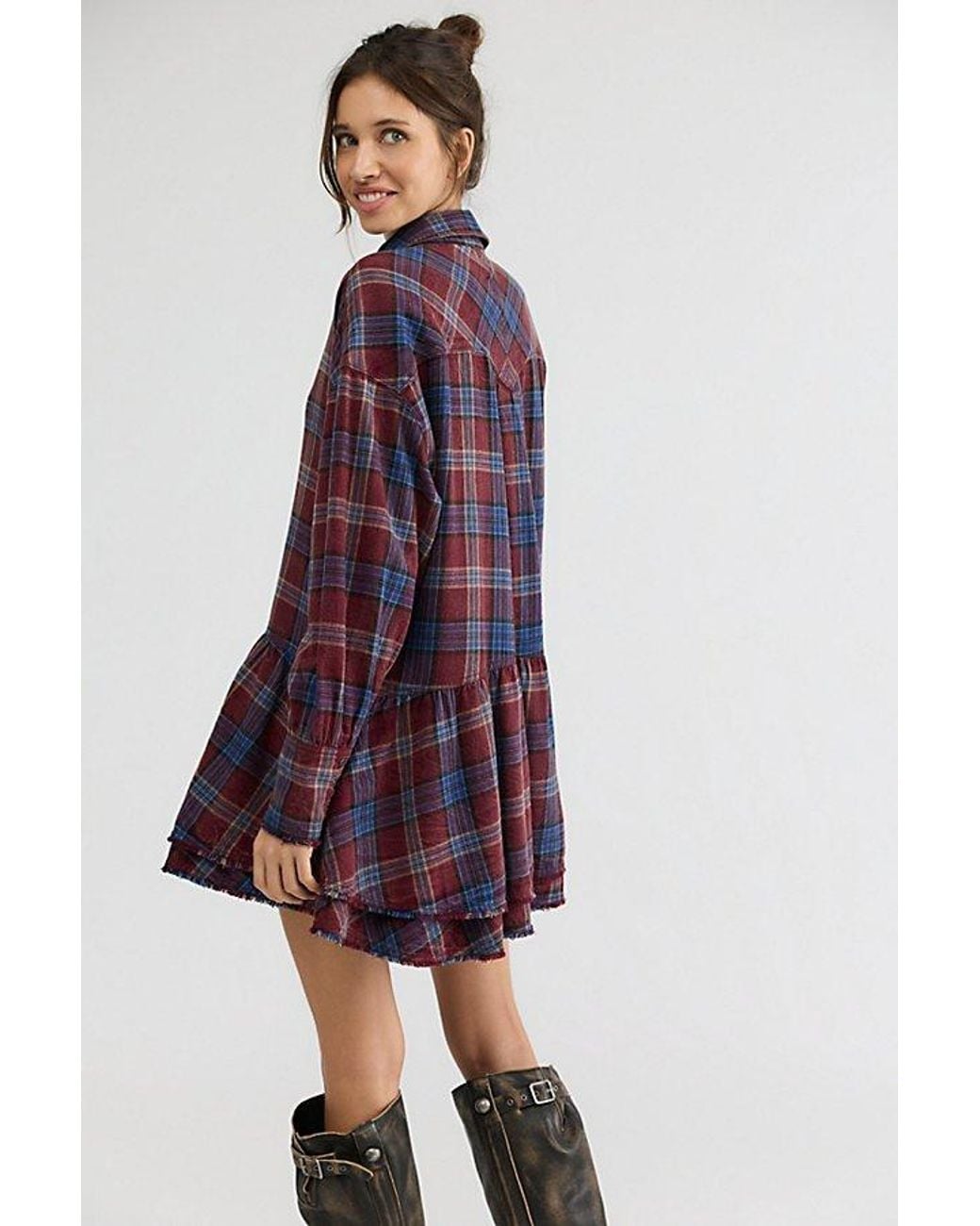 Free People Purple Wildflower Washed Plaid Mini Dress