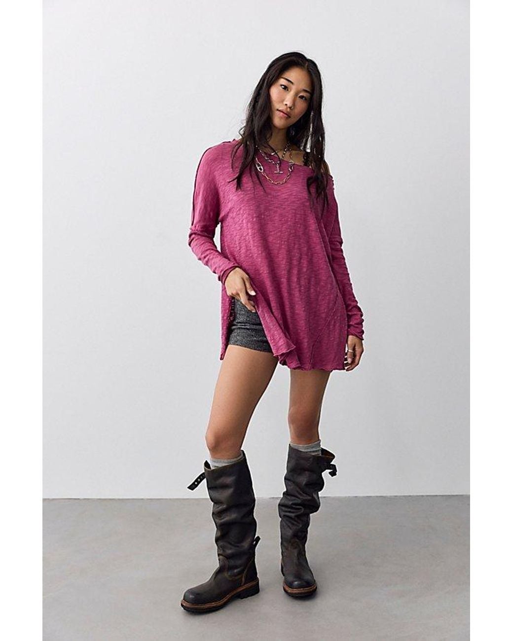 Free People Pink Nyla Off-The-Shoulder Long Sleeve Tee
