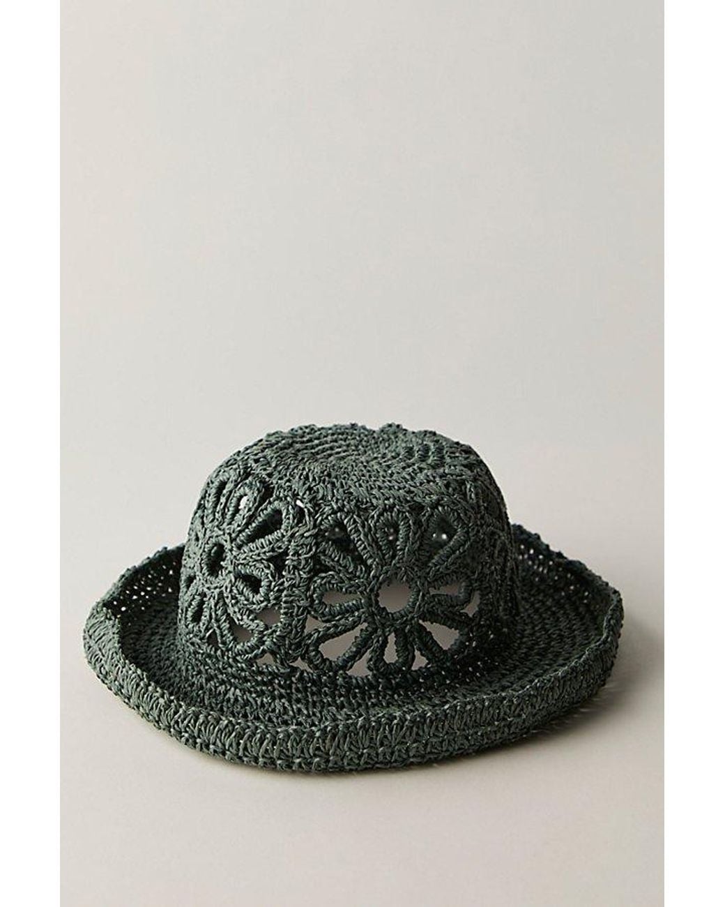 Free People Blue Cut-Out Daisy Crochet Straw Bucket Hat
