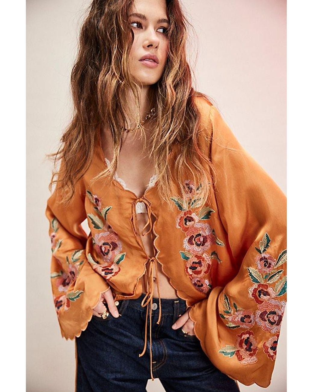 Free People Satin Tie Top in Orange | Lyst