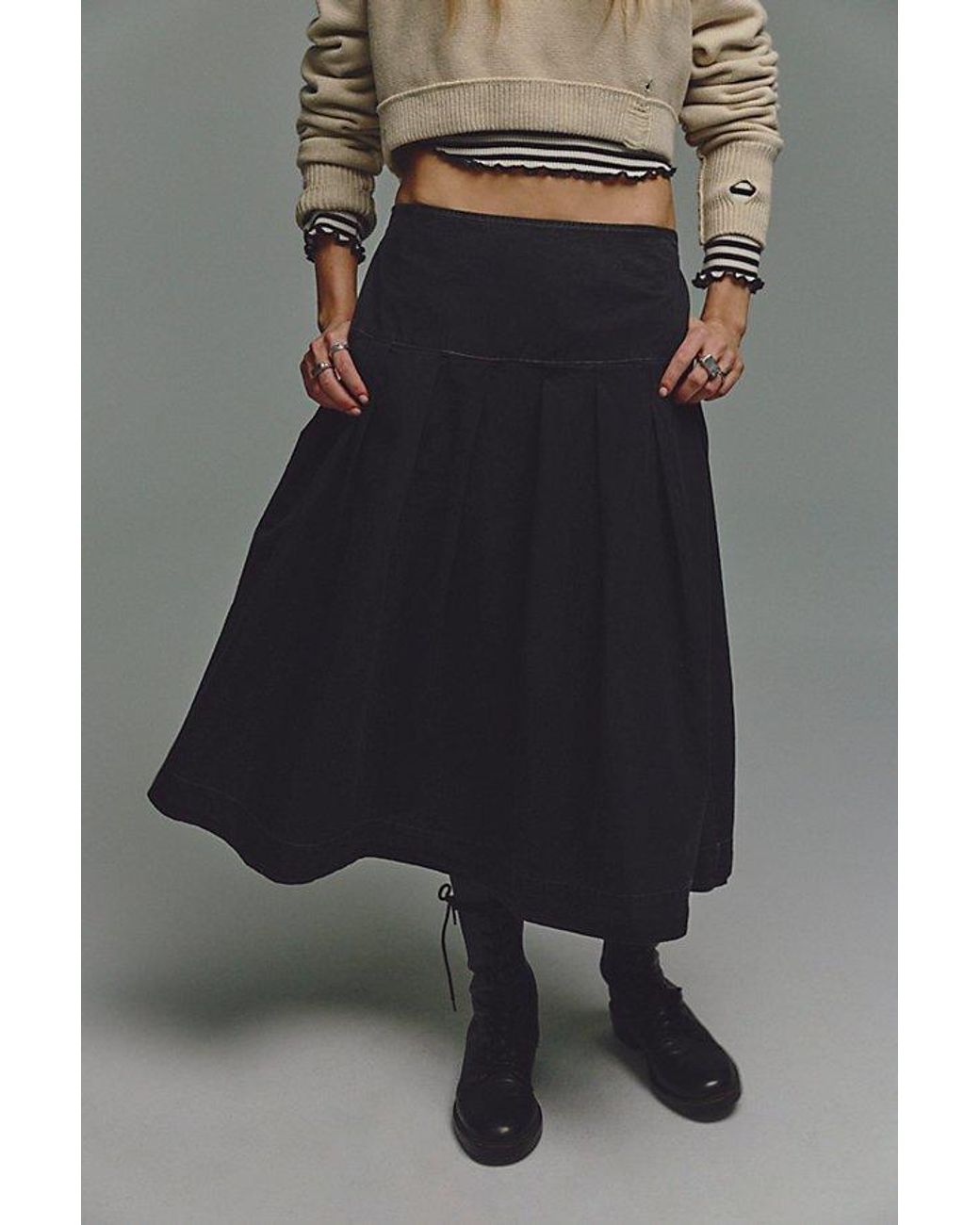Free People Gray Skipper Pleated Chino Midi Skirt