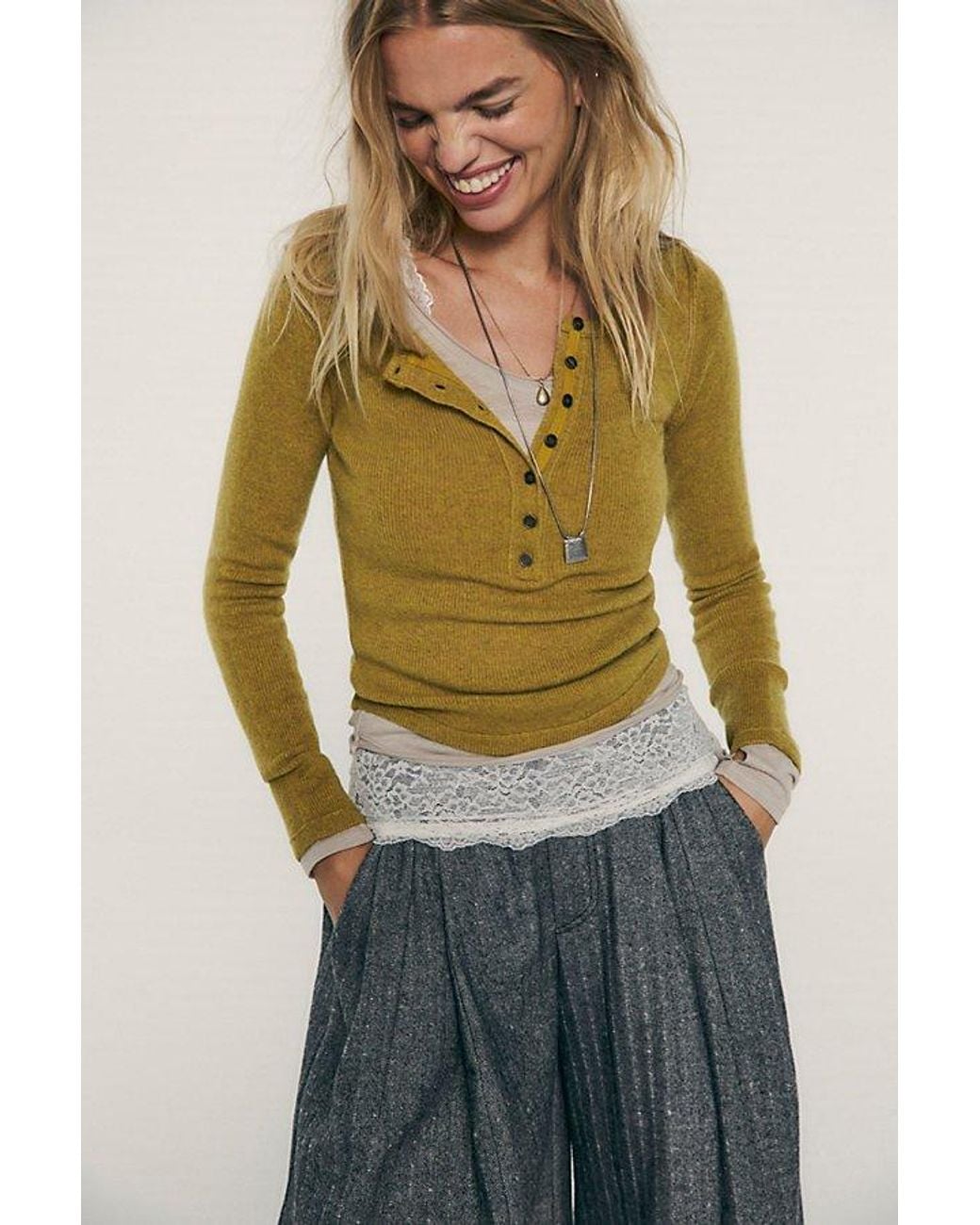 Free People Yellow Hudson Solid Cashmere Henley