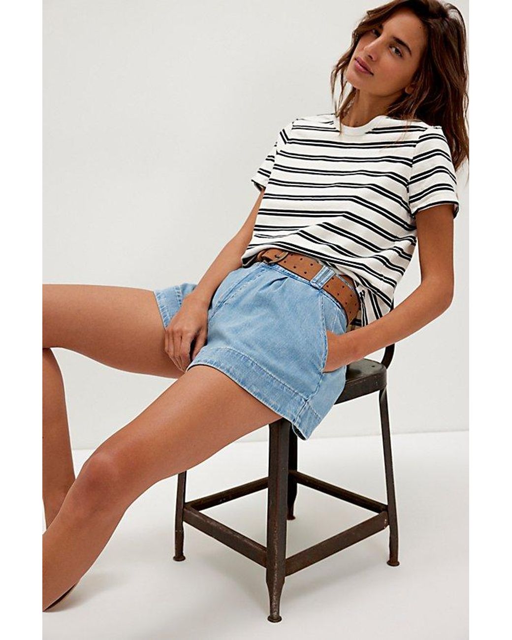 Free People Blue Marina Denim Trouser Lightweight Shorts