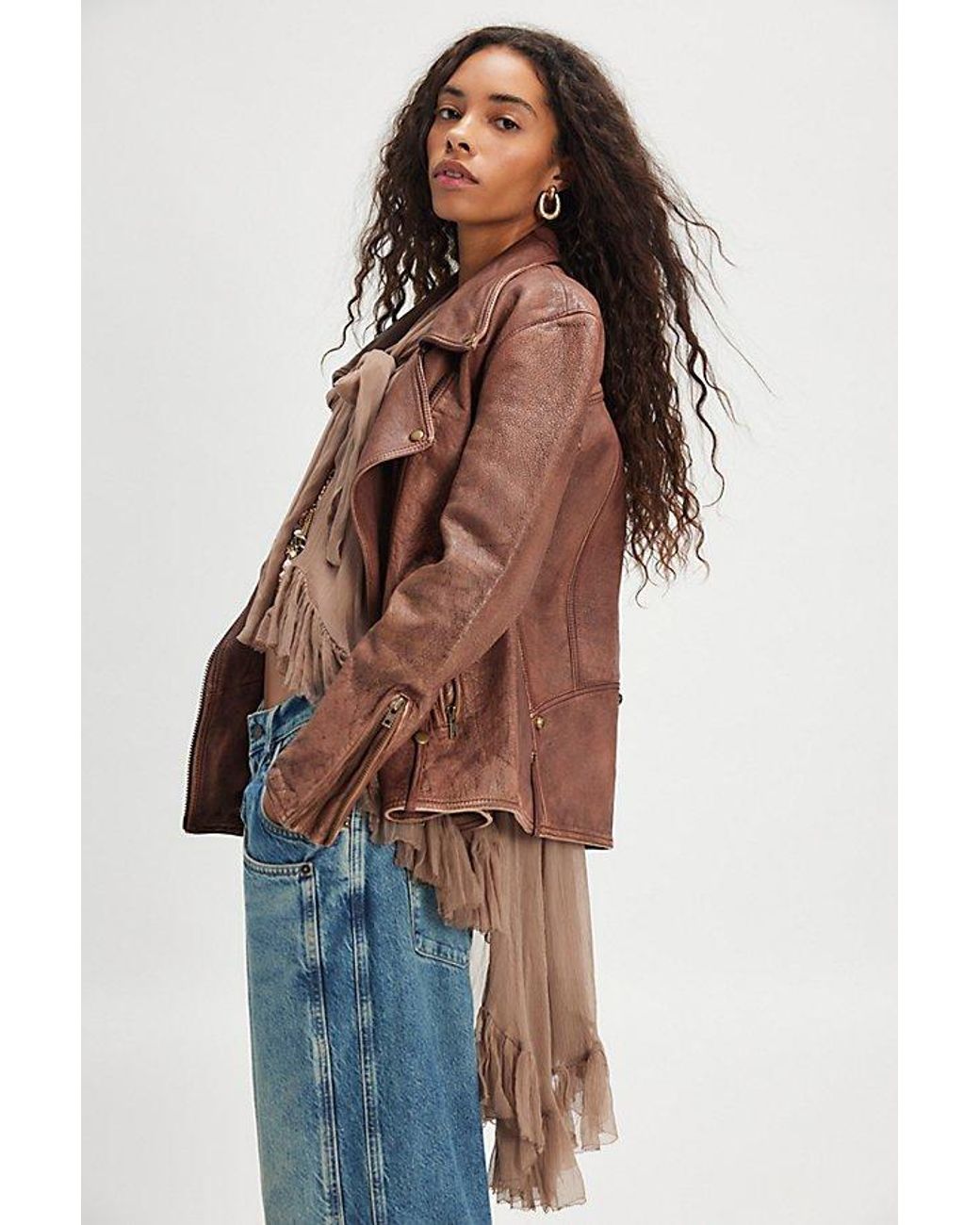 Free People Brown Full Sleeve Frill Top