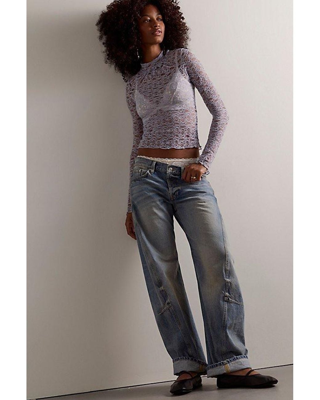 Intimately By Free People Blue Last Call Lace Mock Neck Long Sleeve By