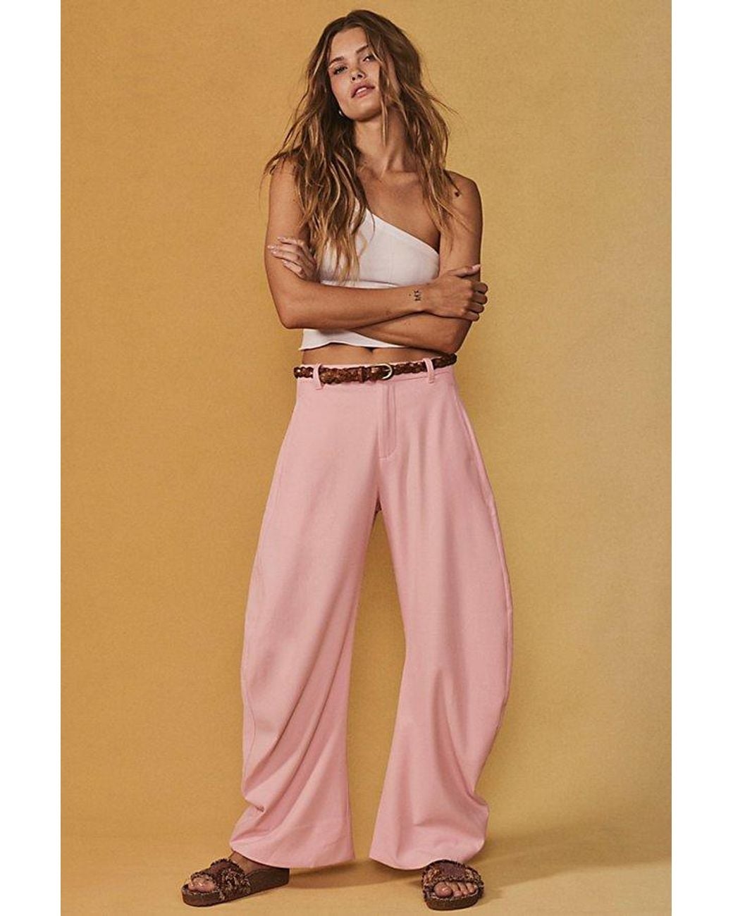 Free People Pink Spotlight Pinstripe Barrel Trousers