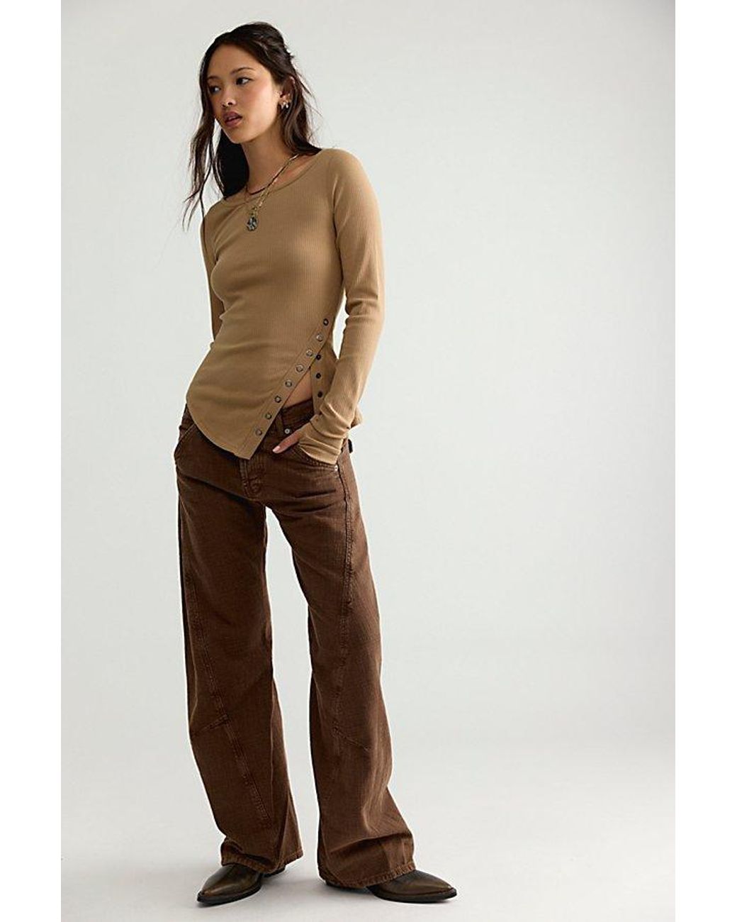 Free People Brown Over You Asymmetric Long Sleeve Top