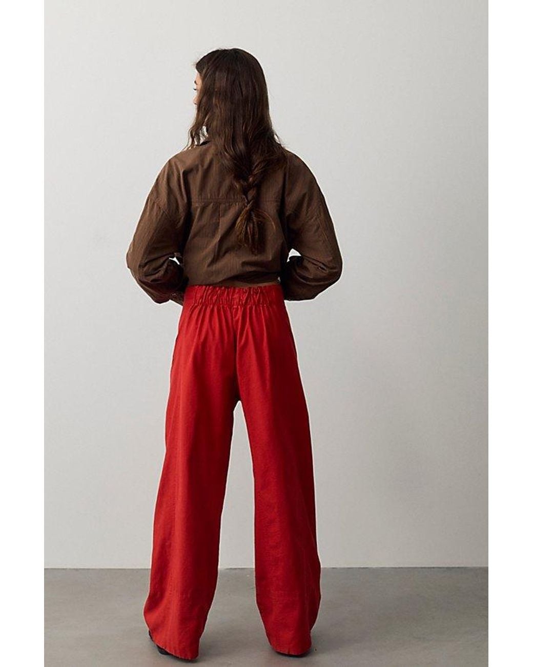 Free People Red Day's End Linen Pull-On Pants
