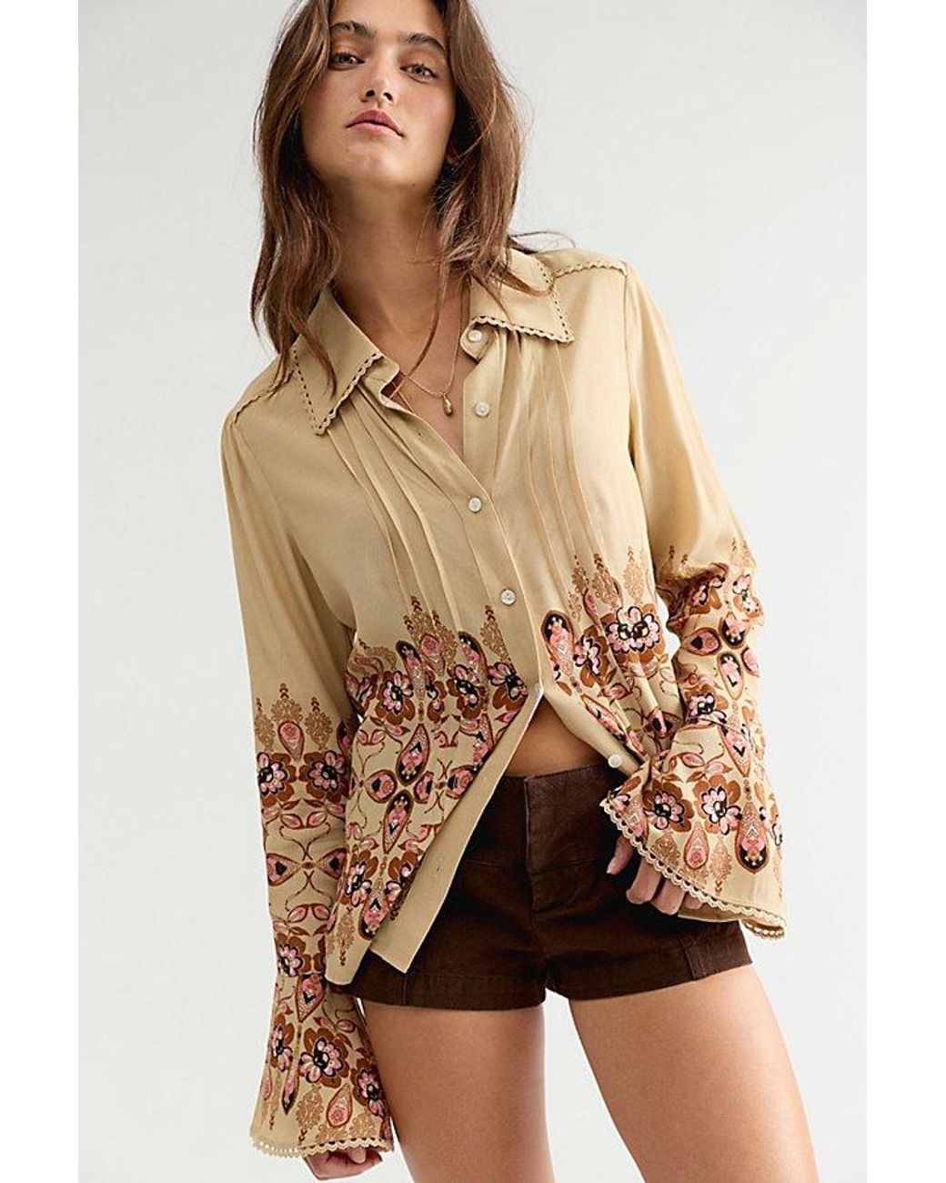 Free People Brown Melrose Printed Button Down Top
