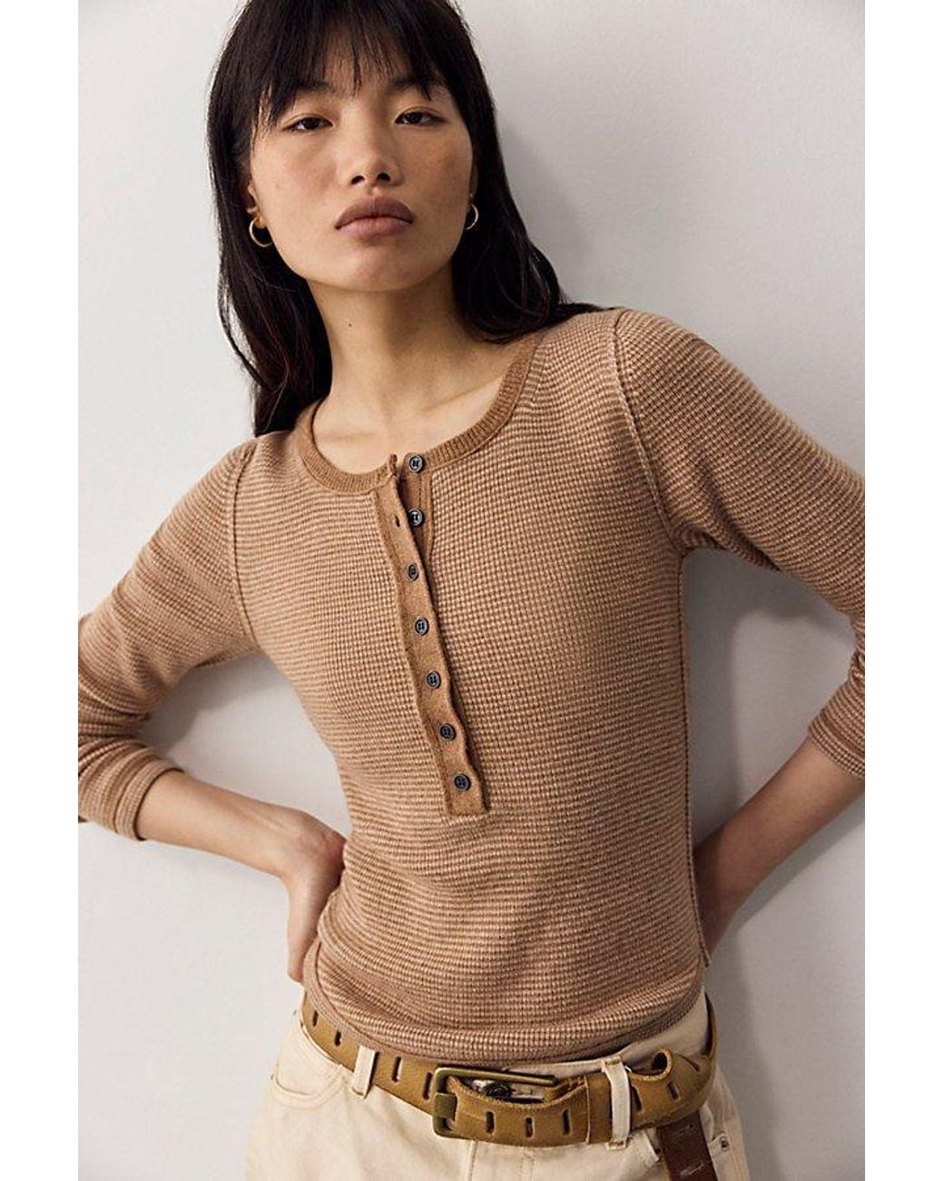 Free People Brown Hudson Striped Cashmere Henley